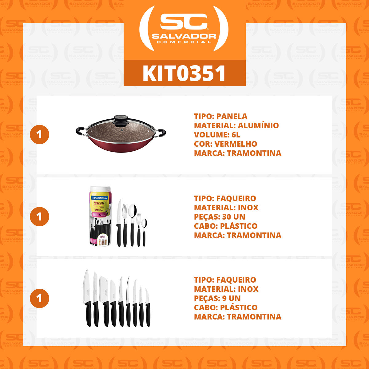 Kit - Panela Wok 6L 36 Cm Vermelho + 1 Faqueiro 30pç + 1 Conjunto Facas 9pç - Tramontina