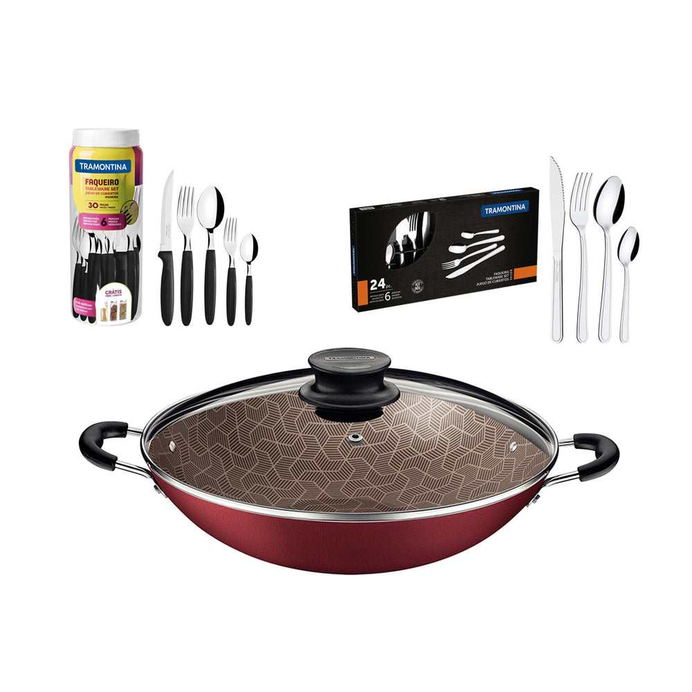 Kit  Panela Wok 6L 36 Cm Vermelho + 1 Faqueiro 30pç + 1 Faqueiro Inox 24pç - Tramontina