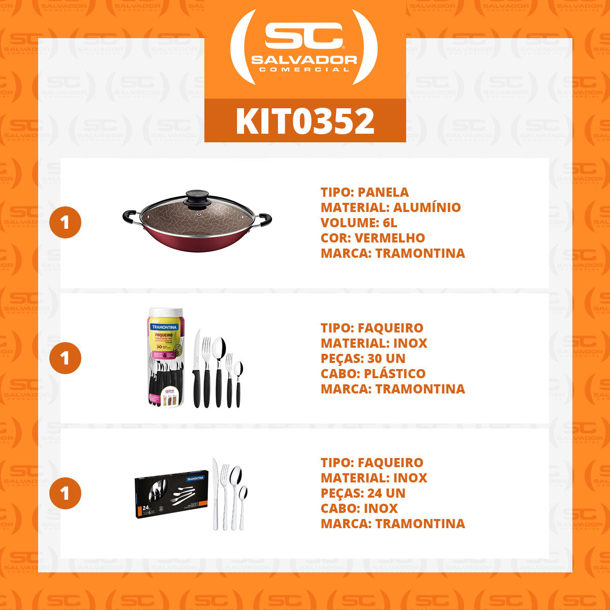 Kit - Panela Wok 6L 36 Cm Vermelho + 1 Faqueiro 30pç + 1 Faqueiro Inox 24pç - Tramontina