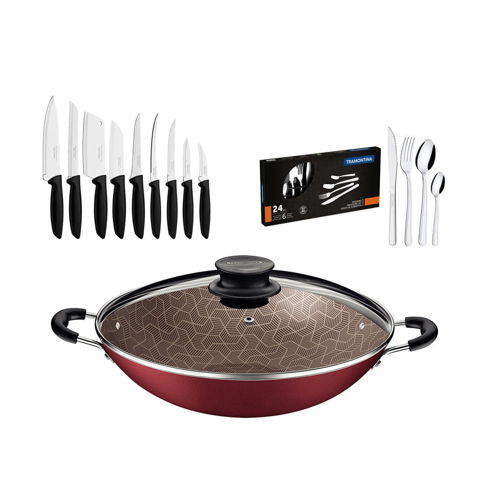 Kit Panela Wok 6L 36 Cm Vermelho + 1 Conjunto Facas 9pç + 1 Faqueiro Inox 24pç - Tramontina