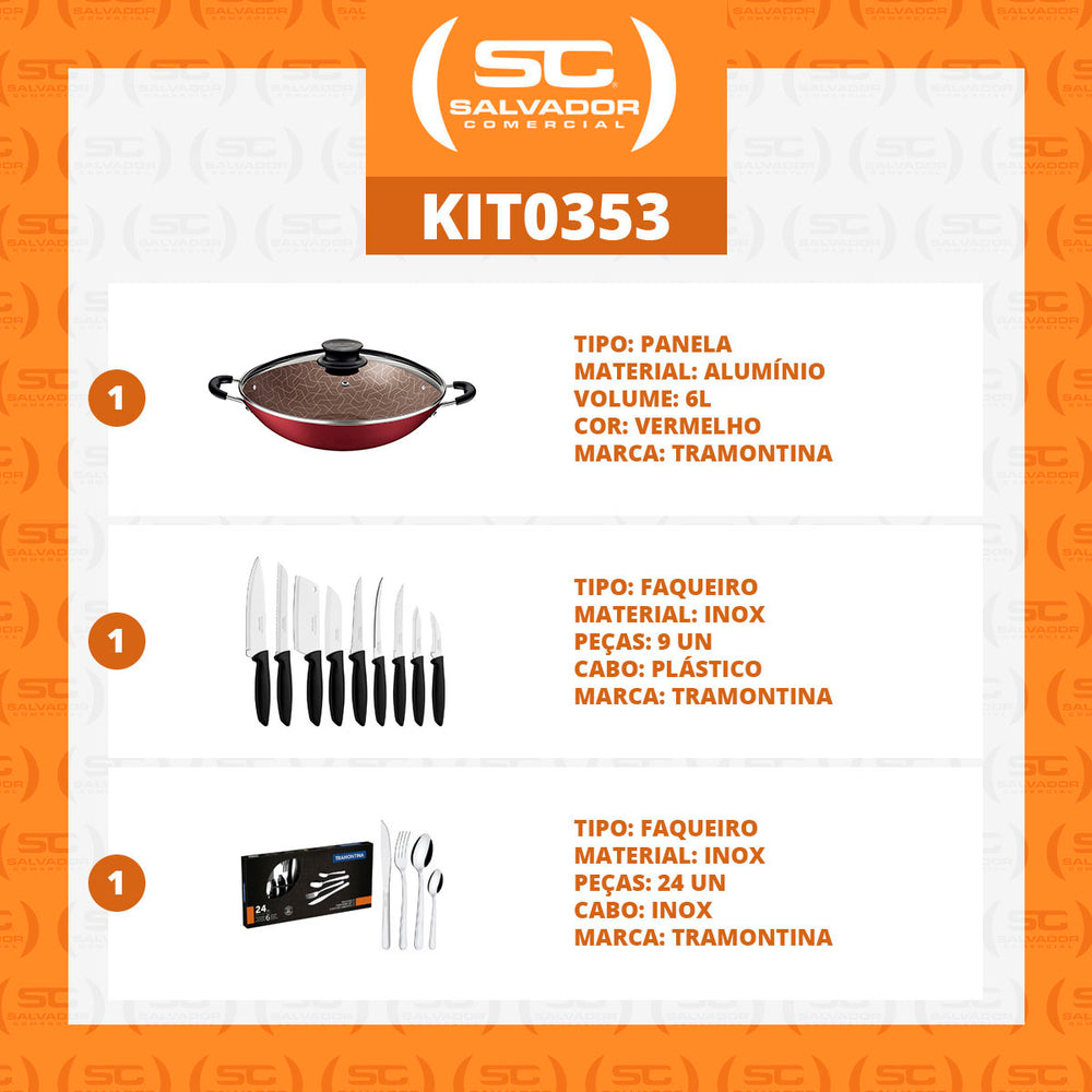 Kit Panela Wok 6L 36 Cm Vermelho + 1 Conjunto Facas 9pç + 1 Faqueiro Inox 24pç - Tramontina