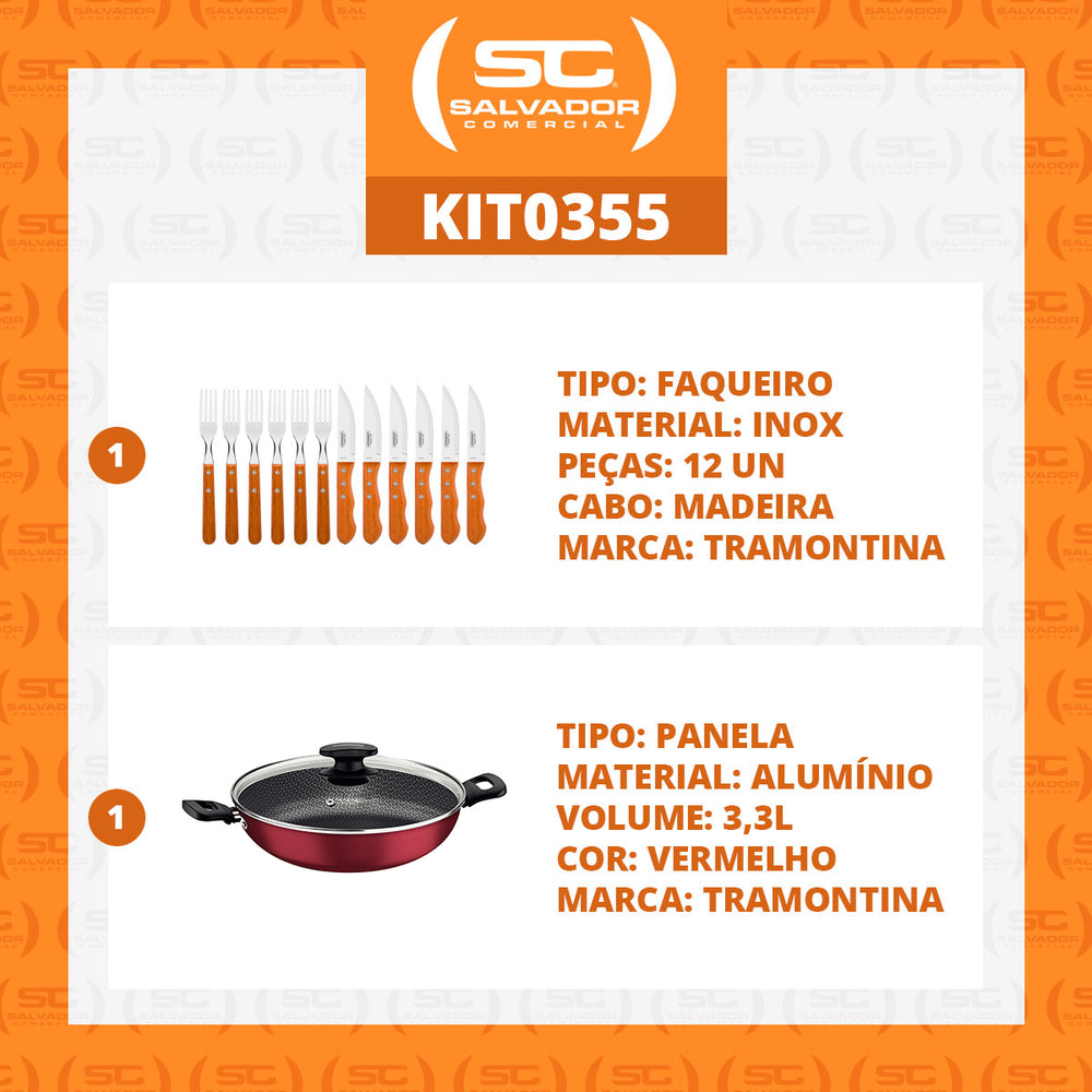 Kit  Jogo de Churrasco Inox 12 Peças Dynamic + 1 Panela Wok 3,3L 28cm Vermelha - Tramontina