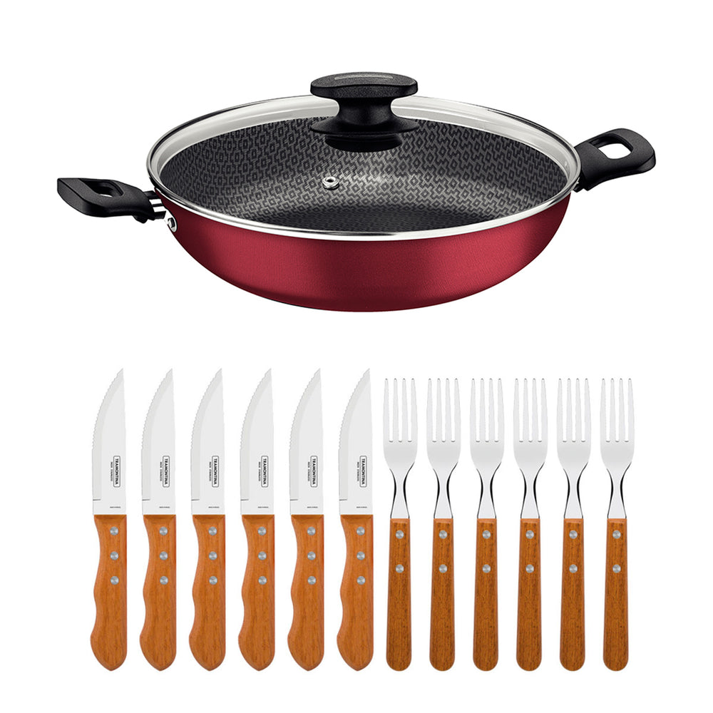 Kit  Jogo de Churrasco Inox 12 Peças Dynamic + 1 Panela Wok 3,3L 28cm Vermelha - Tramontina
