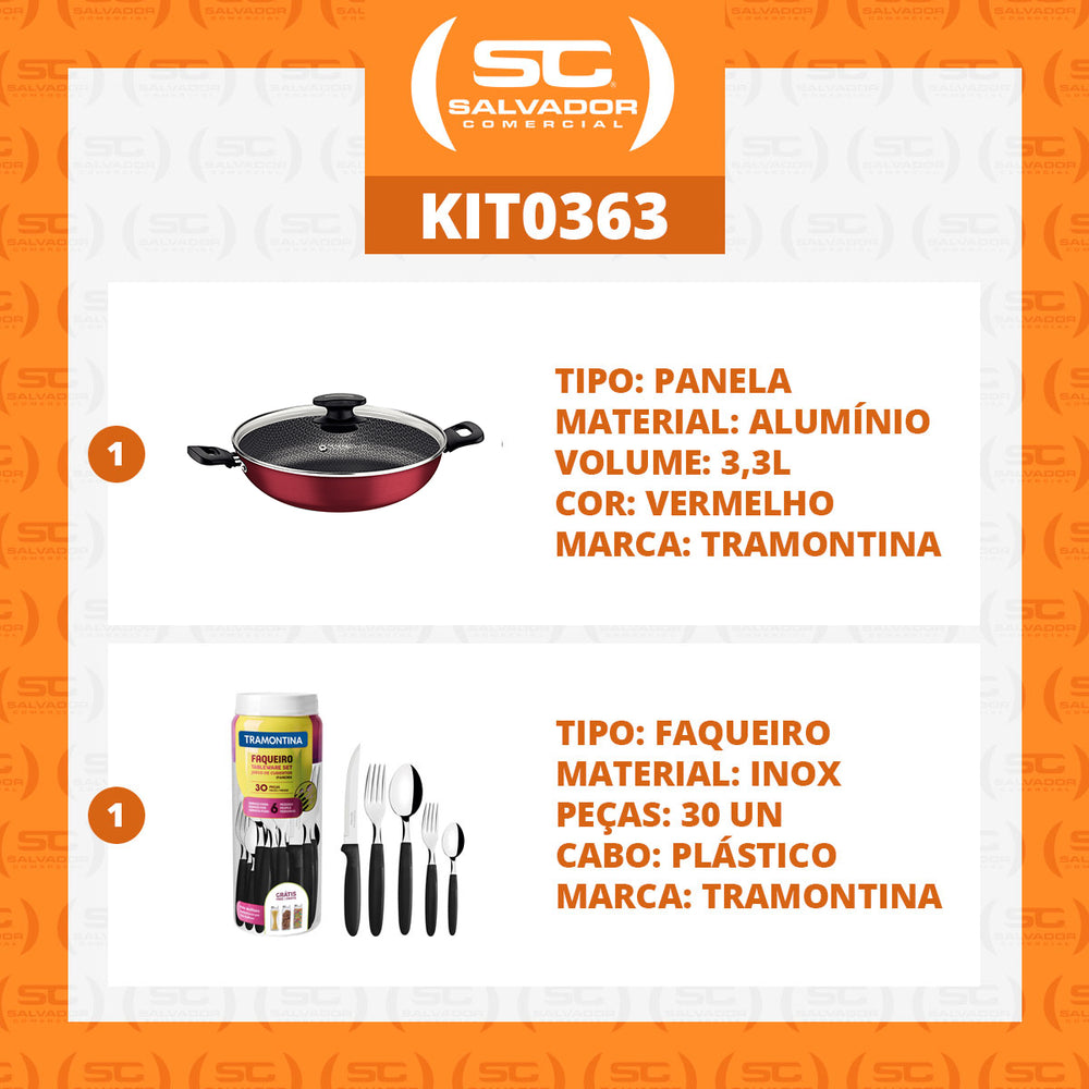 Kit - Panela Wok Alumínio 28cm Loreto Vermelho + 1 Faqueiro 30pç - Tramontina