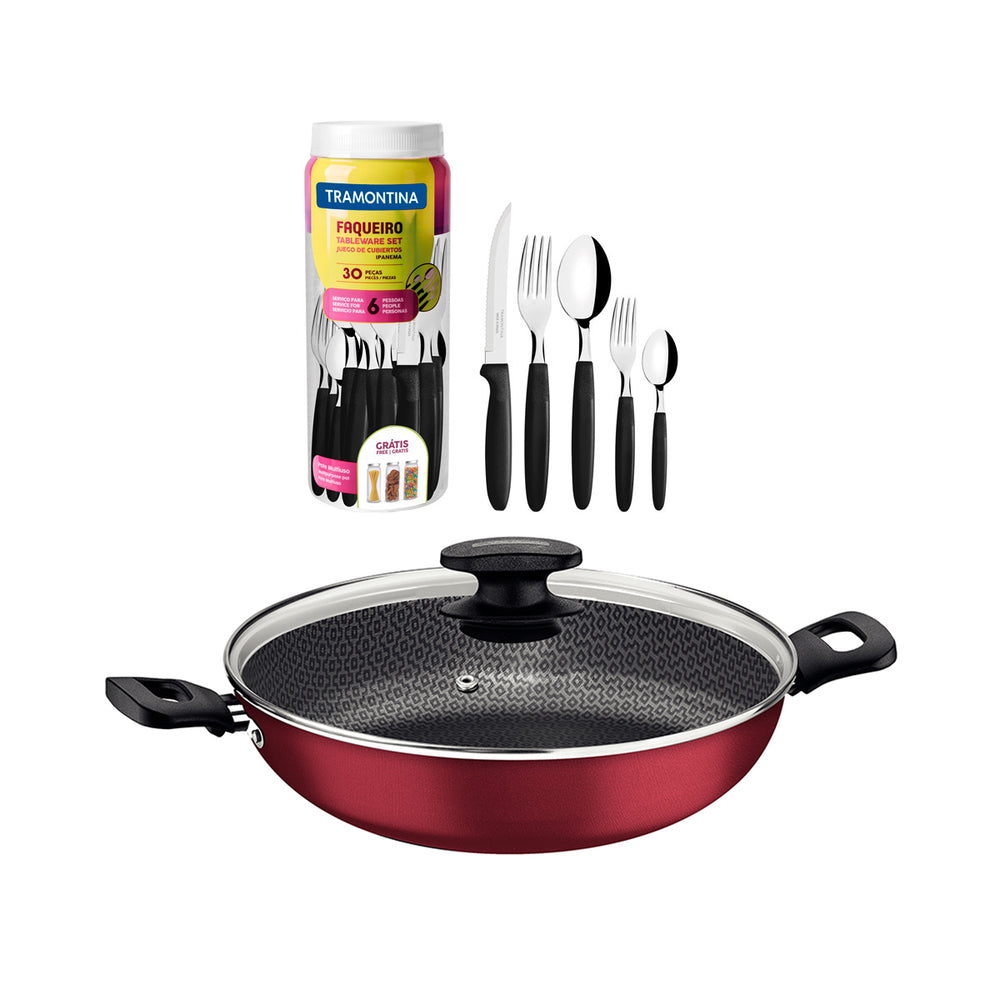 Kit Panela Wok Alumínio 28cm Loreto Vermelho + 1 Faqueiro 30pç - Tramontina