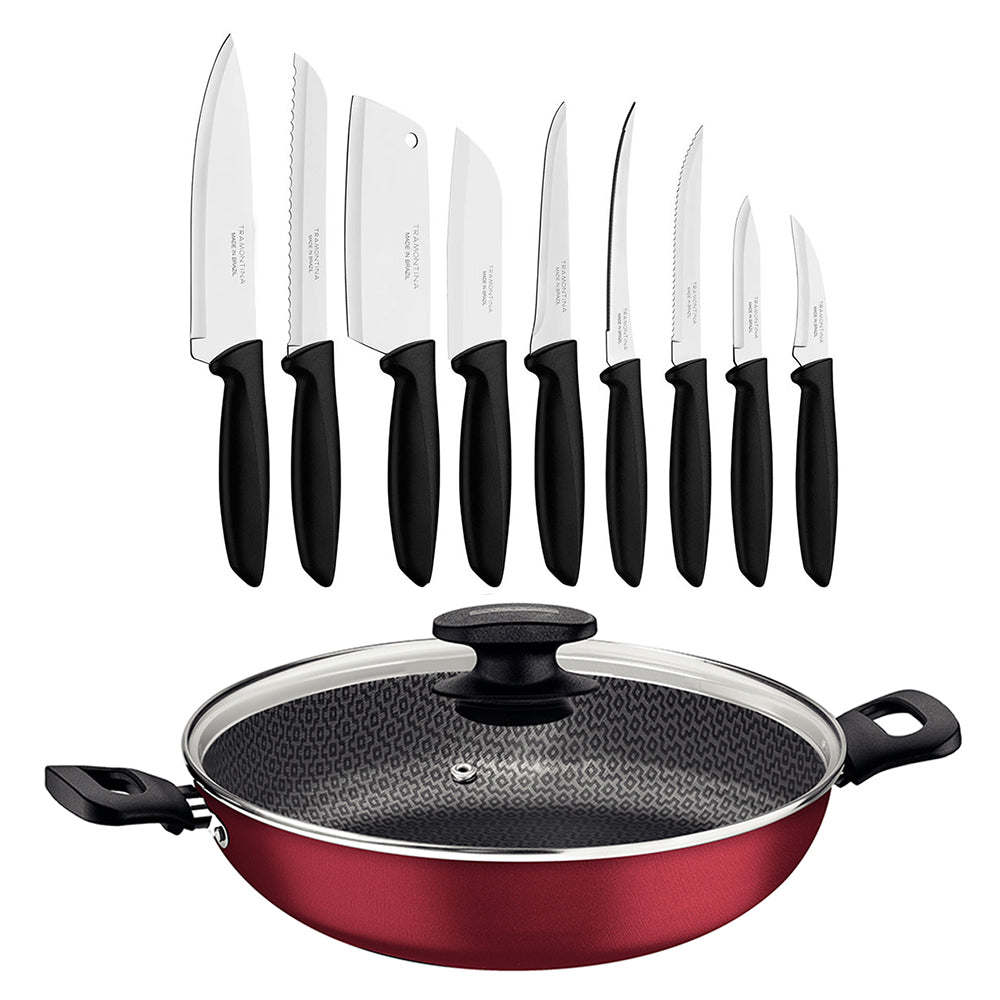 Kit  Panela Wok Alumínio 28cm Loreto Vermelho + 1 Conjunto Facas 9pç - Tramontina
