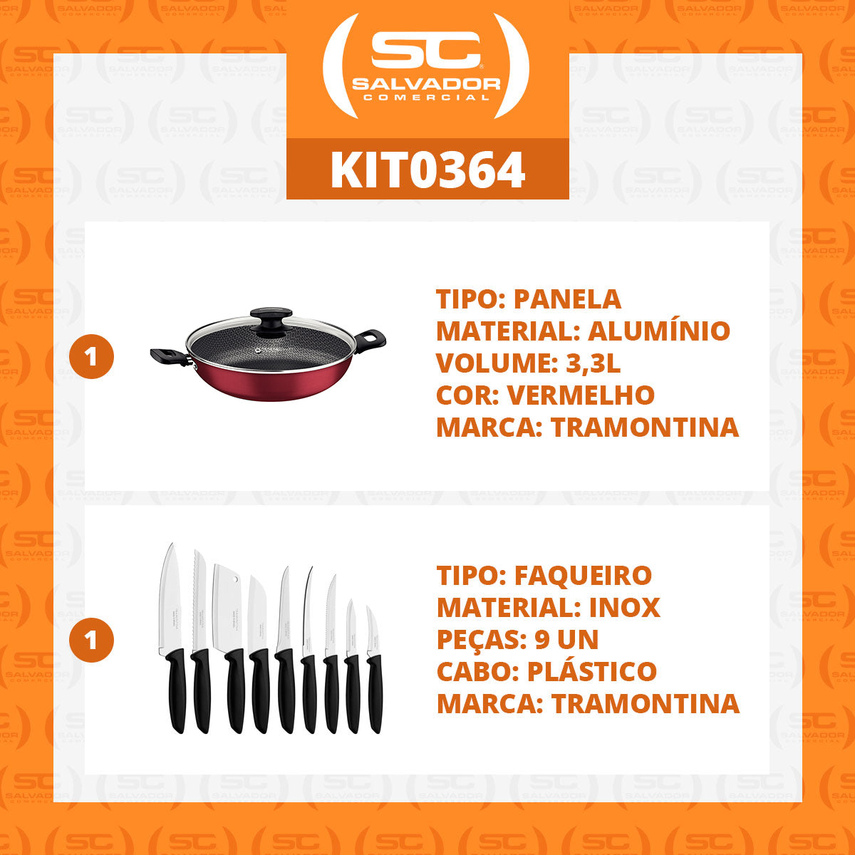Kit - Panela Wok Alumínio 28cm Loreto Vermelho + 1 Conjunto Facas 9pç - Tramontina