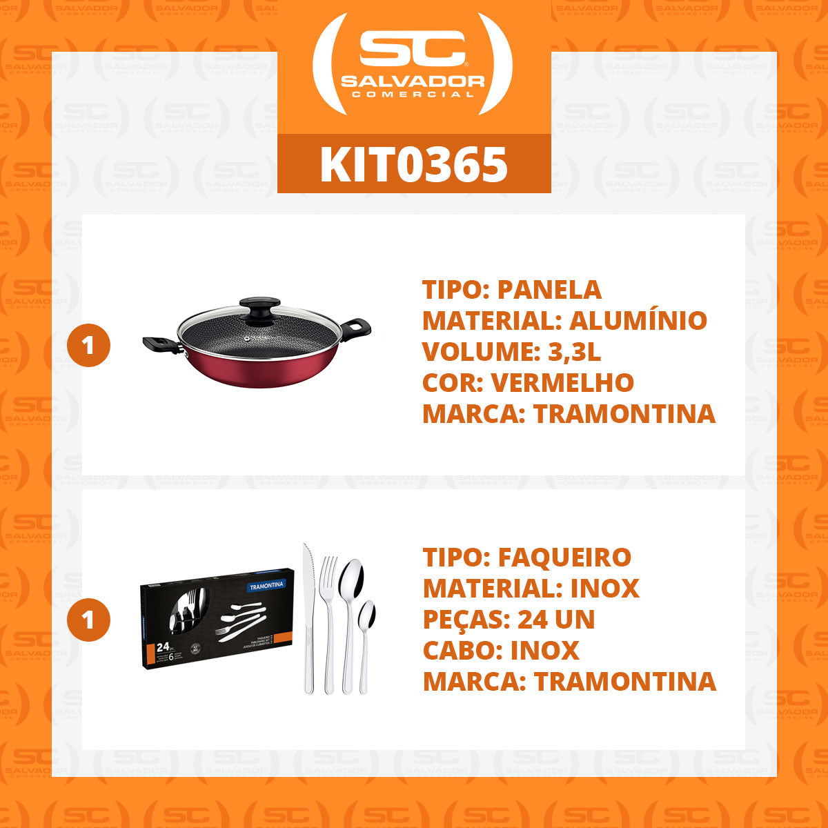 Kit - Panela Wok Alumínio 28cm Loreto Vermelho + 1 Faqueiro Inox 24pç - Tramontina