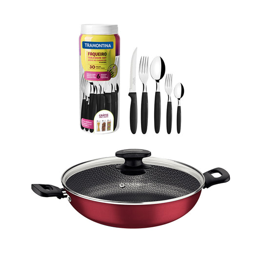 Kit - Panela Wok Alumínio 28cm Loreto Vermelho + 1 Faqueiro 30pç - Tramontina