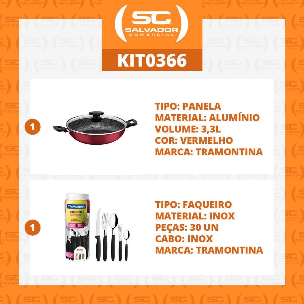 Kit  Panela Wok Alumínio 28cm Loreto Vermelho + 1 Faqueiro 30pç - Tramontina