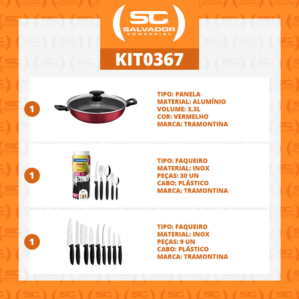 Kit  Panela Wok Alumínio 28cm + 1 Faqueiro 30pç + 1 Conjunto Facas 9pç - Tramontina