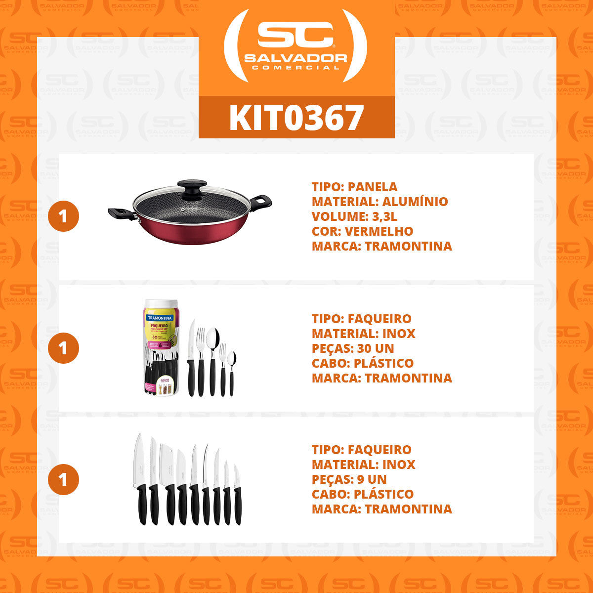 Kit - Panela Wok Alumínio 28cm + 1 Faqueiro 30pç + 1 Conjunto Facas 9pç - Tramontina
