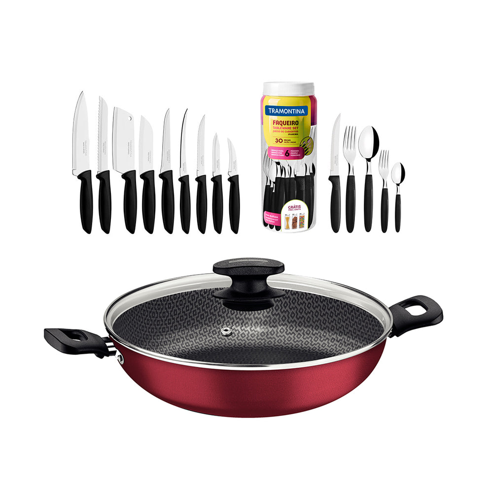 Kit  Panela Wok Alumínio 28cm + 1 Faqueiro 30pç + 1 Conjunto Facas 9pç - Tramontina