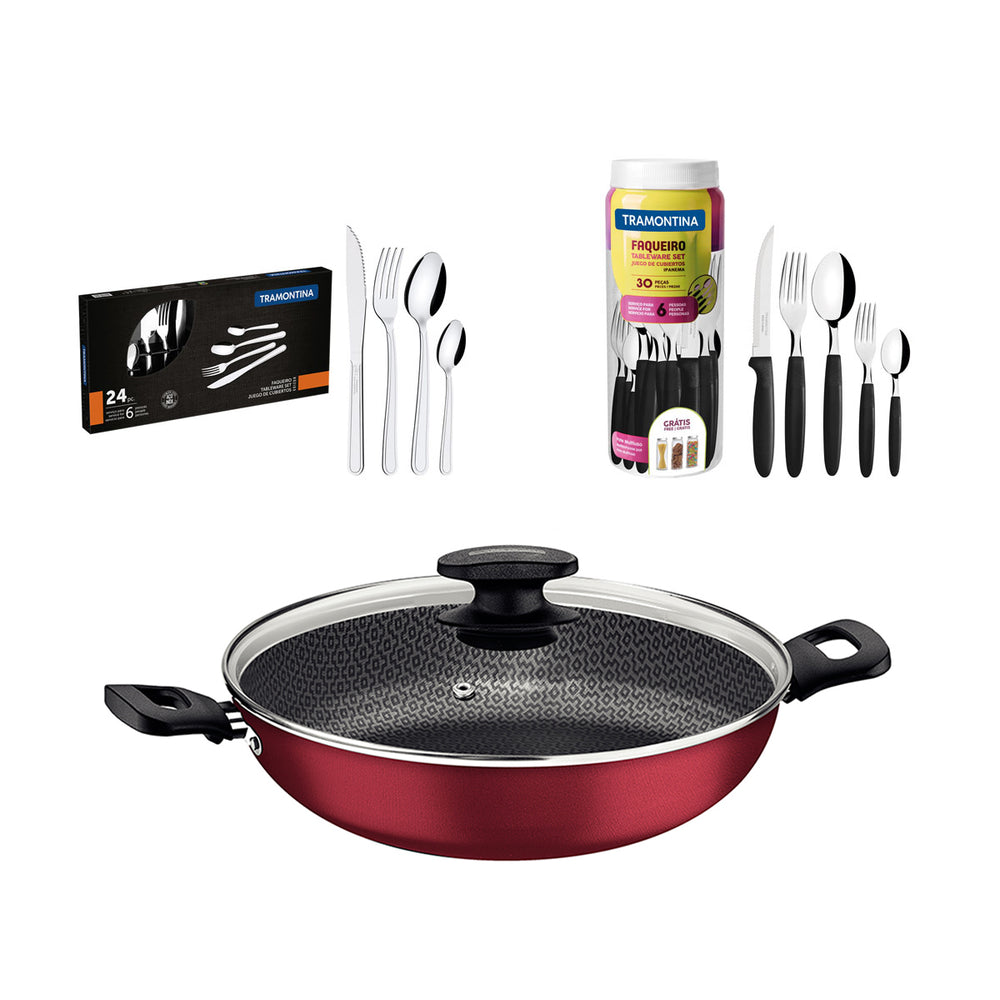 Kit  Panela Wok Alumínio 28cm + 1 Faqueiro 30pç + 1 Faqueiro Inox 24pç - Tramontina