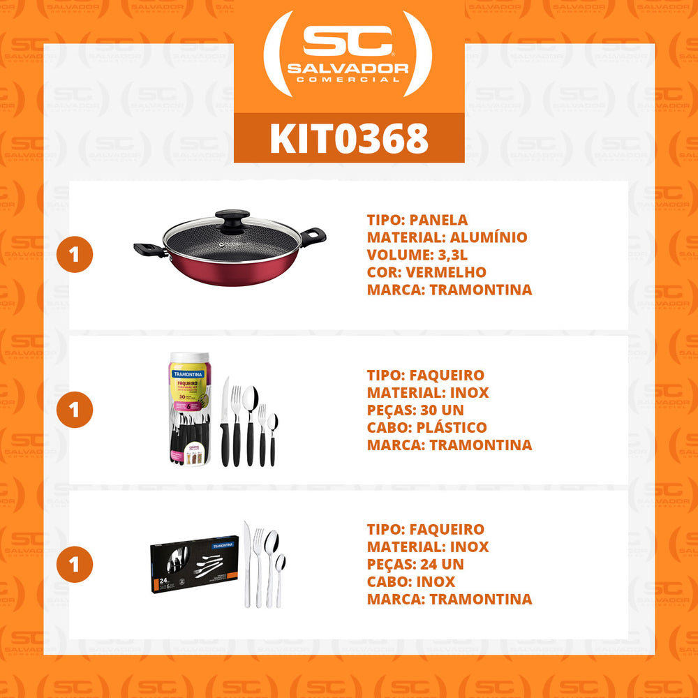 Kit  Panela Wok Alumínio 28cm + 1 Faqueiro 30pç + 1 Faqueiro Inox 24pç - Tramontina