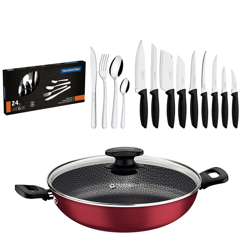 Kit  Panela Wok Alumínio 28cm + 1 Conjunto Facas 9pç + 1 Faqueiro Inox 24pç - Tramontina