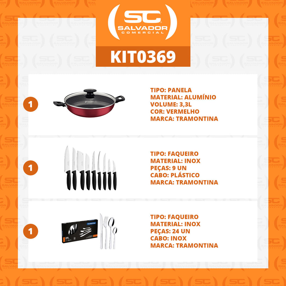Kit  Panela Wok Alumínio 28cm + 1 Conjunto Facas 9pç + 1 Faqueiro Inox 24pç - Tramontina
