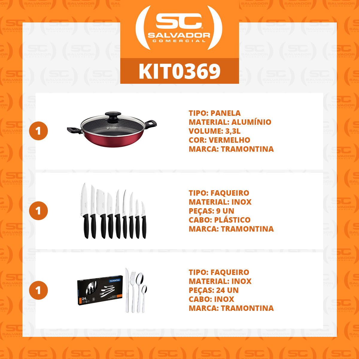 Kit - Panela Wok Alumínio 28cm + 1 Conjunto Facas 9pç + 1 Faqueiro Inox 24pç - Tramontina