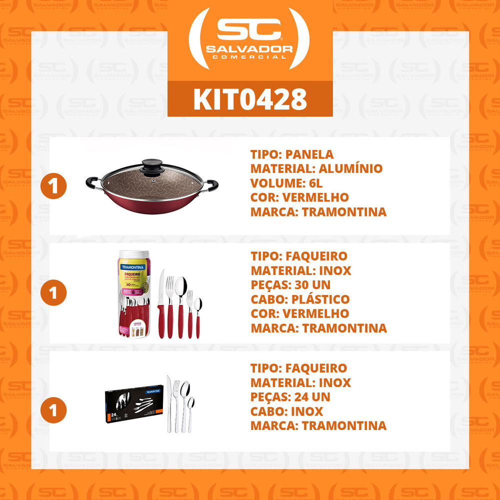 Kit  Panela Wok 36 Cm Vermelho + 1 Faqueiro Vermelho 30pç + 1 Faqueiro Inox 24pç - Tramontina