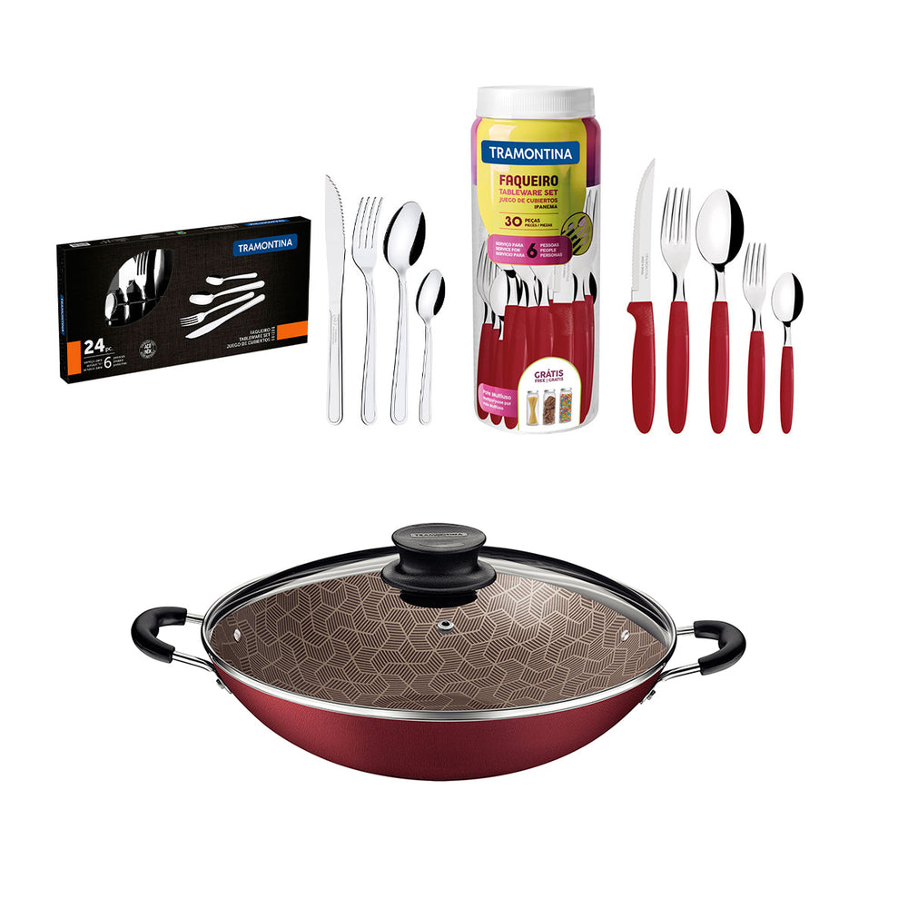 Kit  Panela Wok 36 Cm Vermelho + 1 Faqueiro Vermelho 30pç + 1 Faqueiro Inox 24pç - Tramontina