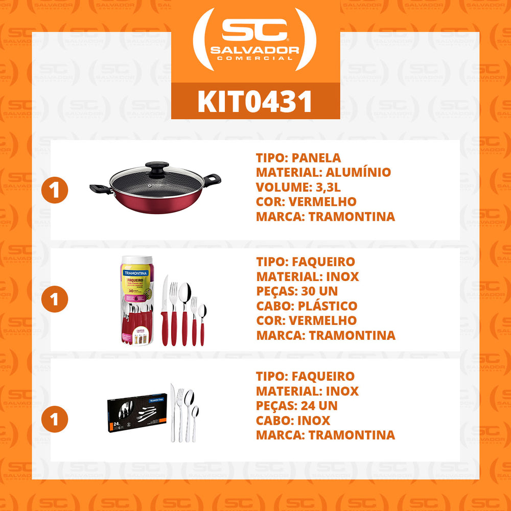 Kit  Panela Wok Alumínio 28cm + 1 Faqueiro Vermelho 30pç + 1 Faqueiro Inox 24pç - Tramontina