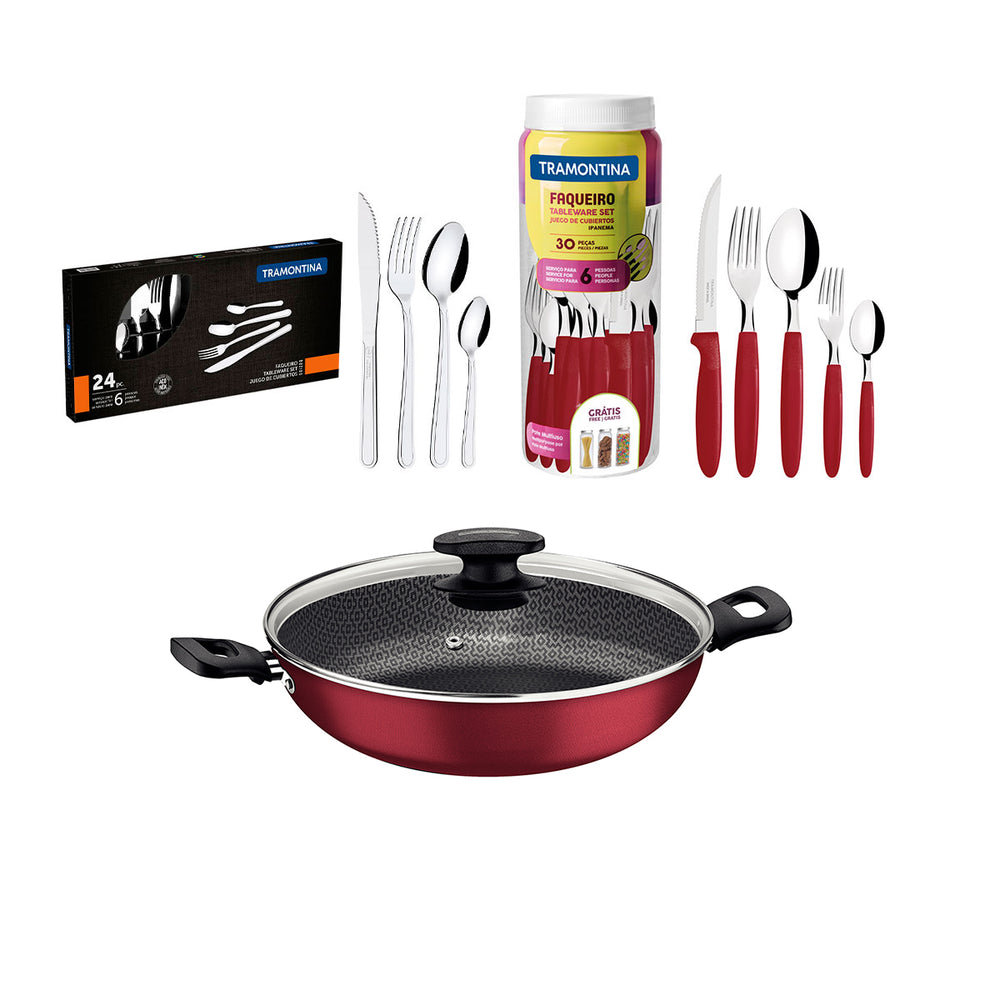 Kit  Panela Wok Alumínio 28cm + 1 Faqueiro Vermelho 30pç + 1 Faqueiro Inox 24pç - Tramontina