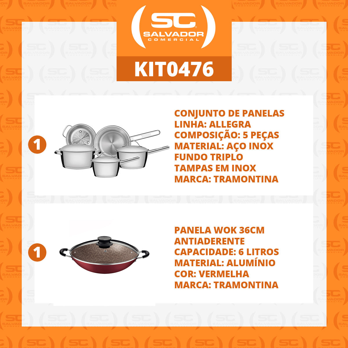 Kit - Jogo de Panelas Allegra 5 Pçs Inox + Panela Wok Alumínio Paris 36cm Vermelha - Tramontina