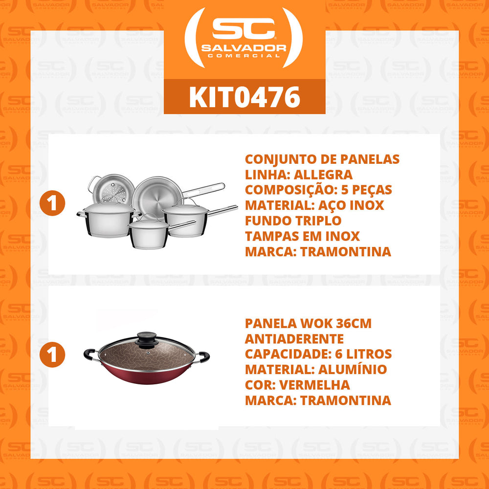 Kit - Jogo de Panelas Allegra 5 Pçs Inox + Panela Wok Alumínio Paris 36cm Vermelha - Tramontina