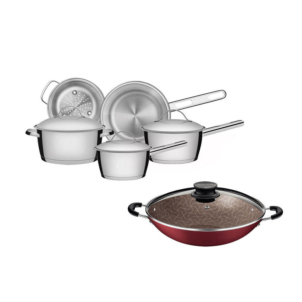 Kit Jogo de Panelas Allegra 5 Pçs Inox + Panela Wok Alumínio Paris 36cm Vermelha - Tramontina