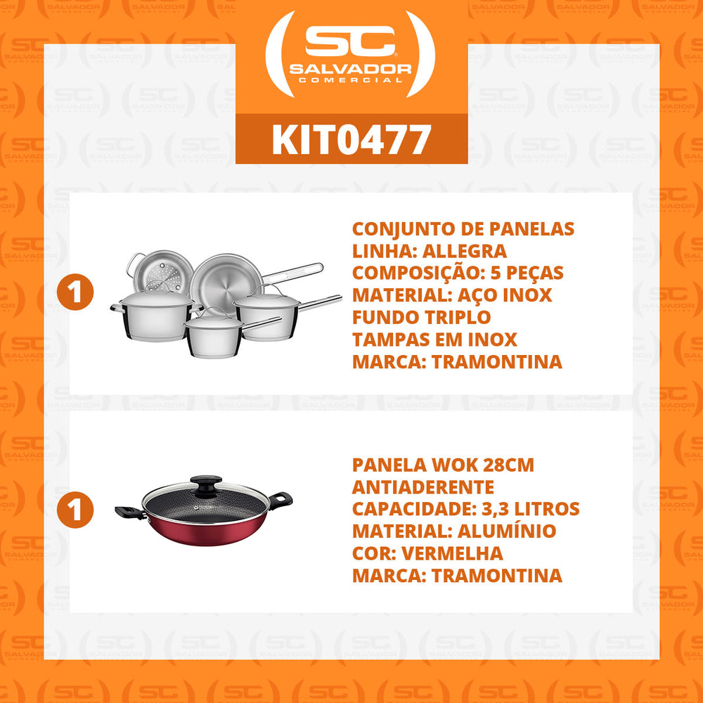 Kit - Jogo de Panelas Allegra 5 Pçs Inox + Panela Wok Alumínio Loreto 28cm Vermelha - Tramontina