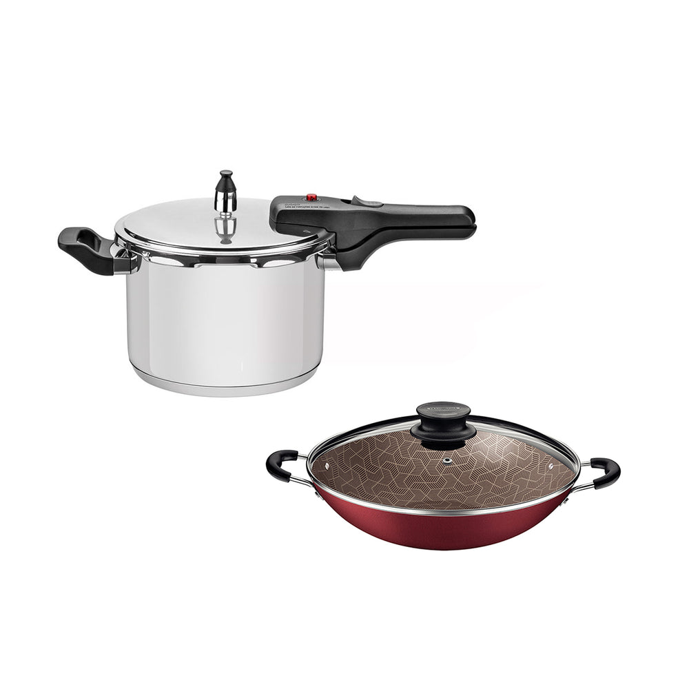 Kit Panela de Pressão Inox 4,5l Brava + Panela Wok Alumínio Paris 36cm Vermelha - Tramontina