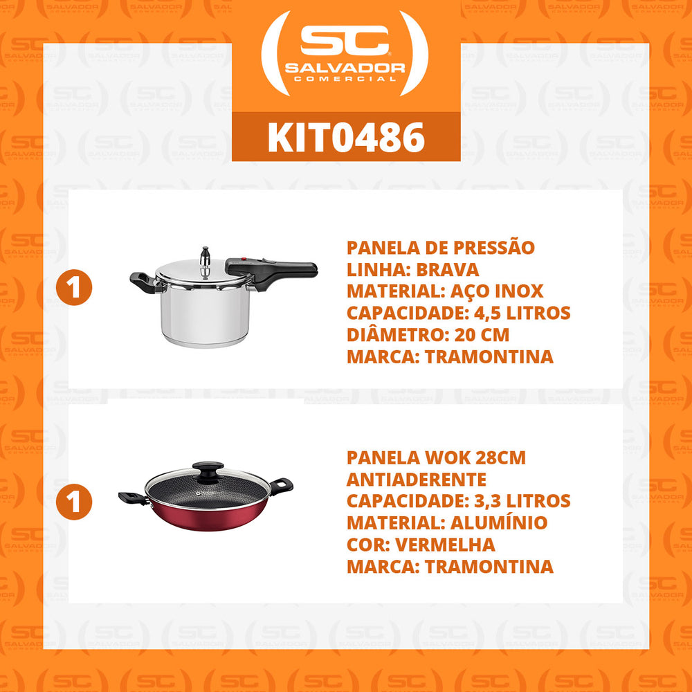 Kit Panela de Pressão Inox 4,5l Brava + Panela Wok Alumínio Loreto 28cm Vermelha - Tramontina