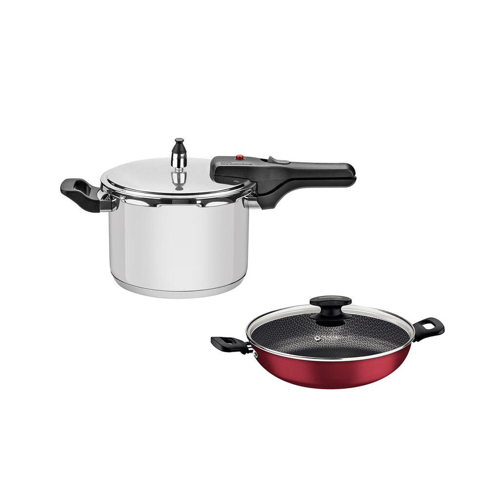 Kit Panela de Pressão Inox 4,5l Brava + Panela Wok Alumínio Loreto 28cm Vermelha - Tramontina