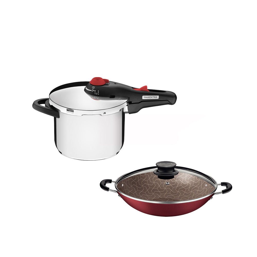 Kit Panela de Pressão 6l Solar + Panela Wok Alumínio Paris 36cm Vermelha - Tramontina