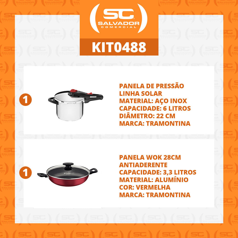 Kit - Panela de Pressão 6l Solar + Panela Wok Alumínio Loreto 28cm Vermelha - Tramontina