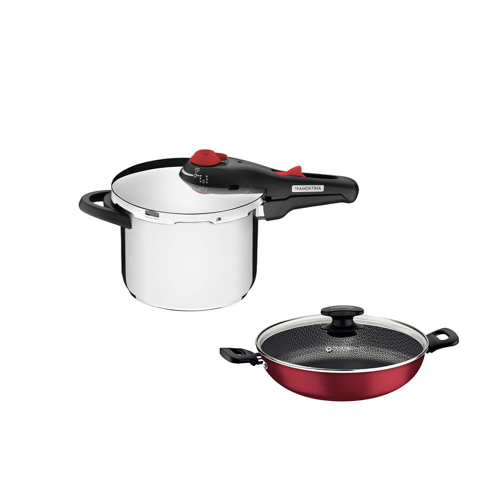 Kit Panela de Pressão 6l Solar + Panela Wok Alumínio Loreto 28cm Vermelha - Tramontina