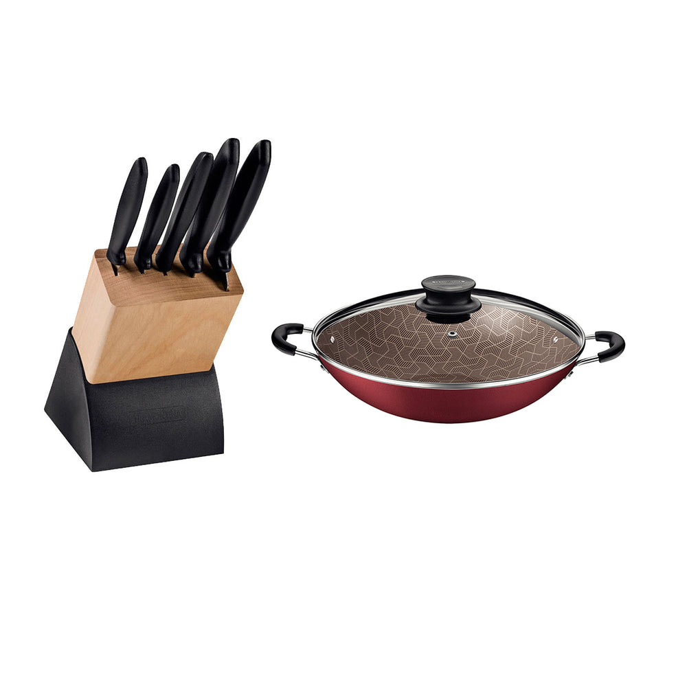 Kit  Faqueiro Plenus 6 Peças + 1 Panela Wok 36cm Vermelha - Tramontina
