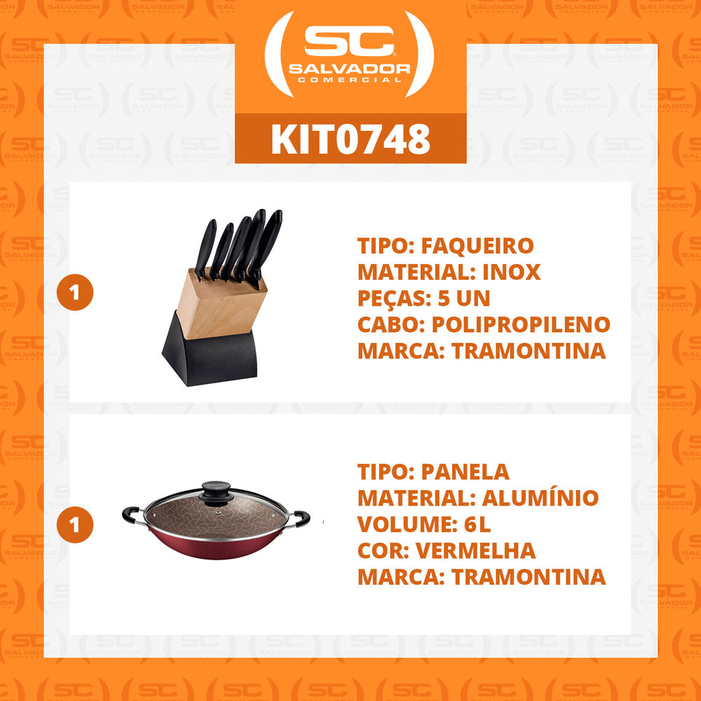 Kit  Faqueiro Plenus 6 Peças + 1 Panela Wok 36cm Vermelha - Tramontina