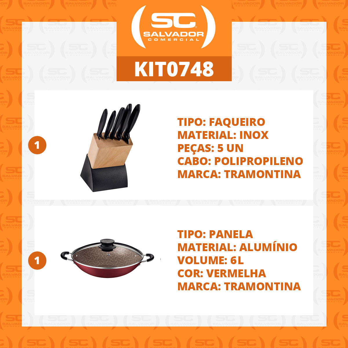 Kit - Faqueiro Plenus 6 Peças + 1 Panela Wok 36cm Vermelha - Tramontina