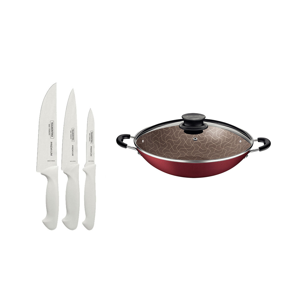 Kit  Faqueiro Premium 3 Peças + 1 Panela Wok 36cm Vermelha - Tramontina