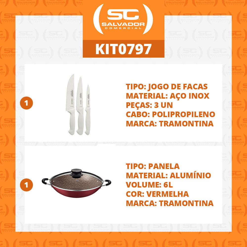 Kit  Faqueiro Premium 3 Peças + 1 Panela Wok 36cm Vermelha - Tramontina