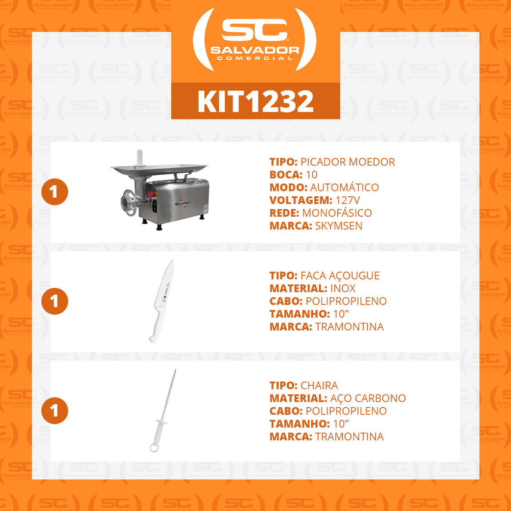 Picador Moedor De Carne Açougue Profissional 0,5 CV Boca 10 PS10m 127v Skymsen + Faca + Chaira