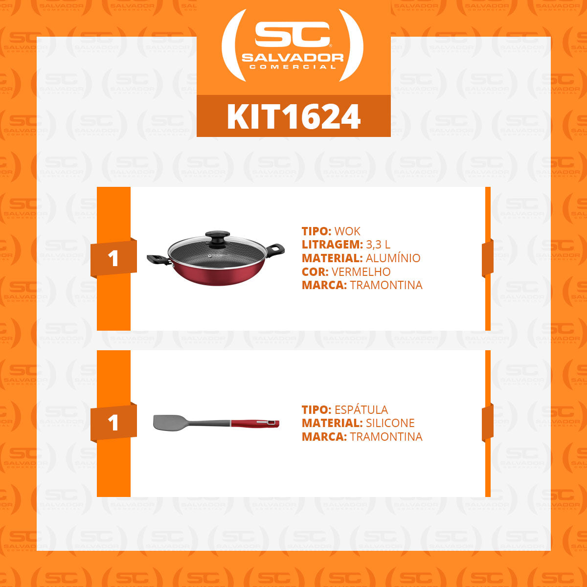 Panela Wok Loreto Alumínio Antiaderente 28cm e Espátula de Silicone Verano Vermelho - Tramontina