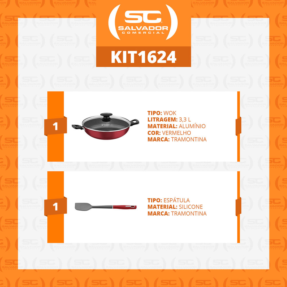 Panela Wok Loreto Alumínio Antiaderente 28cm e Espátula de Silicone Verano Vermelho - Tramontina