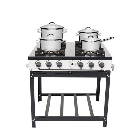 Kit Fogão Industrial 4 Bocas a Gás Bravo BR4B Venâncio Com Panelas Solar Aço Inox Tramontina