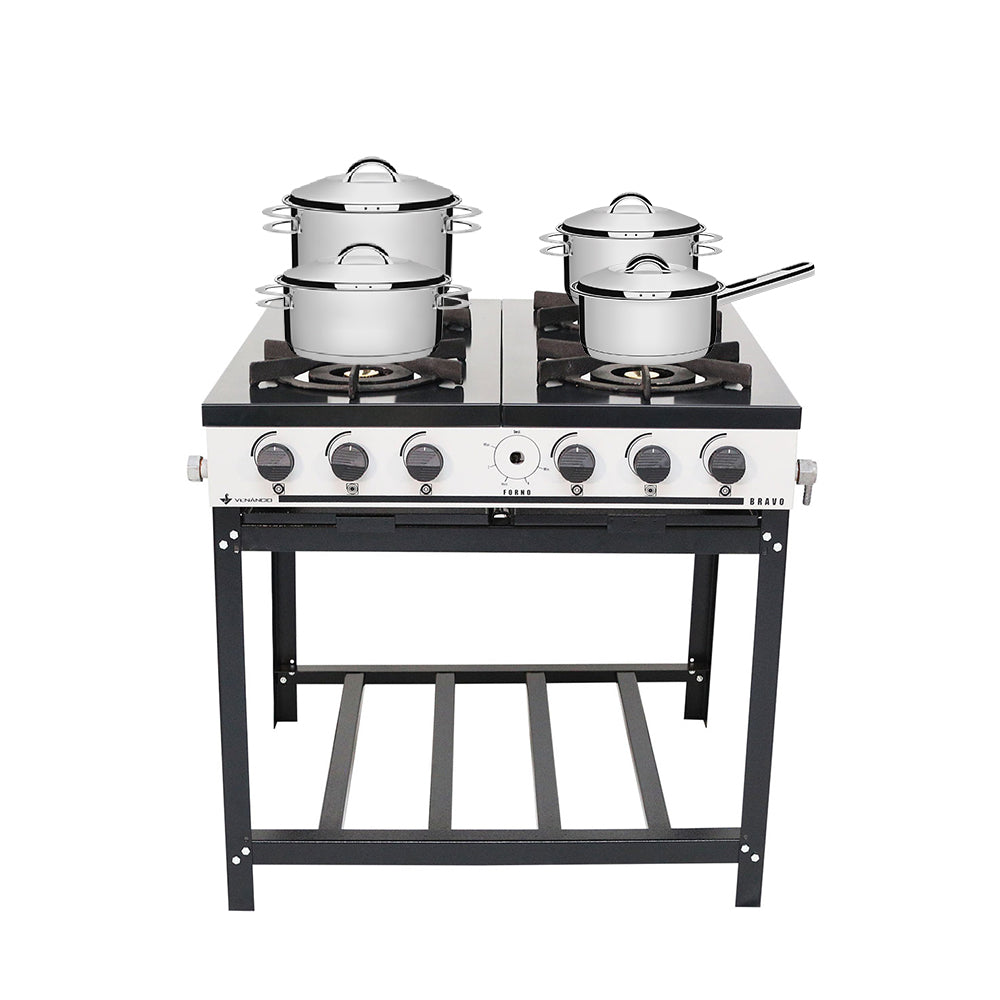 Kit Fogão Industrial 4 Bocas a Gás Bravo BR4B Venâncio Com Panelas Solar Aço Inox Tramontina