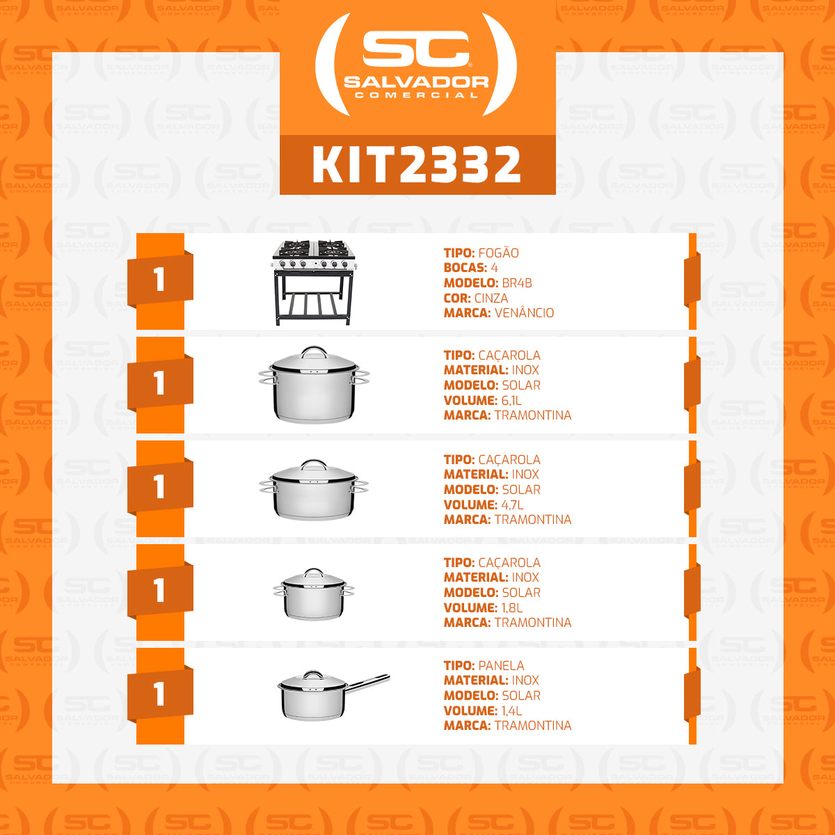 Kit Fogão Industrial 4 Bocas a Gás Bravo BR4B Venâncio Com Panelas Solar Aço Inox Tramontina
