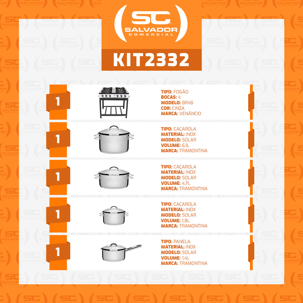 Kit Fogão Industrial 4 Bocas a Gás Bravo BR4B Venâncio Com Panelas Solar Aço Inox Tramontina