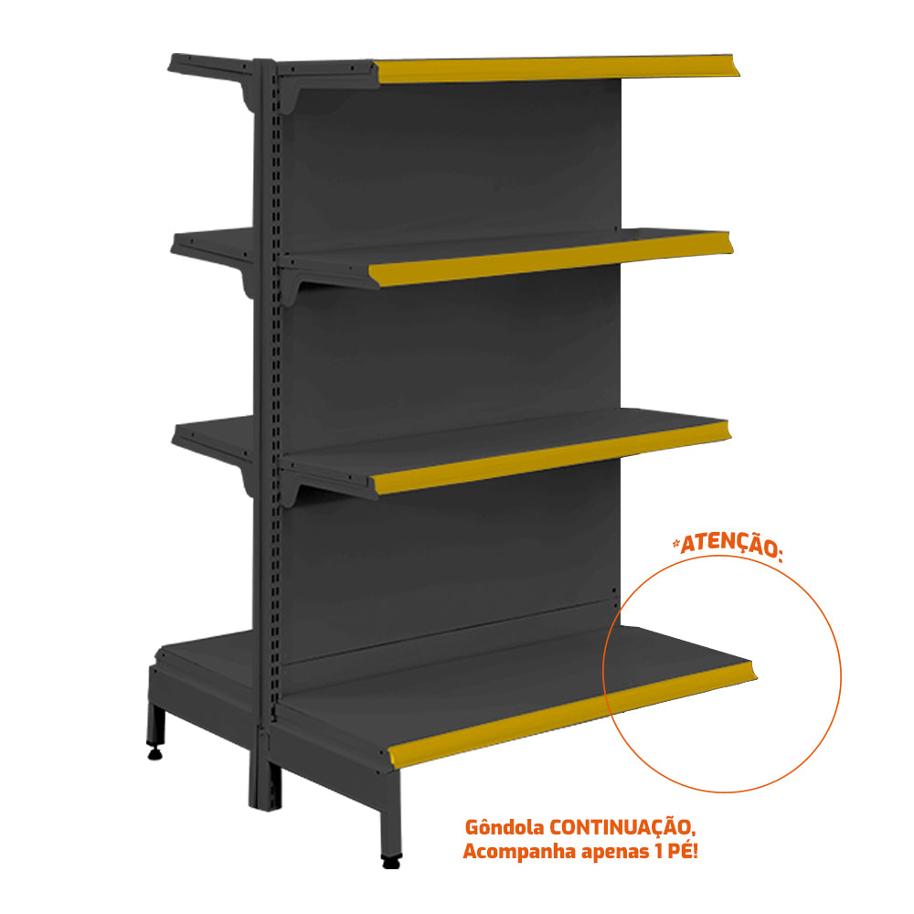 Gôndola Prateleira Preta New Plus 1,40 Central Continuação GCC - Sa Gôndolas Porta Etiquetas Amarelo