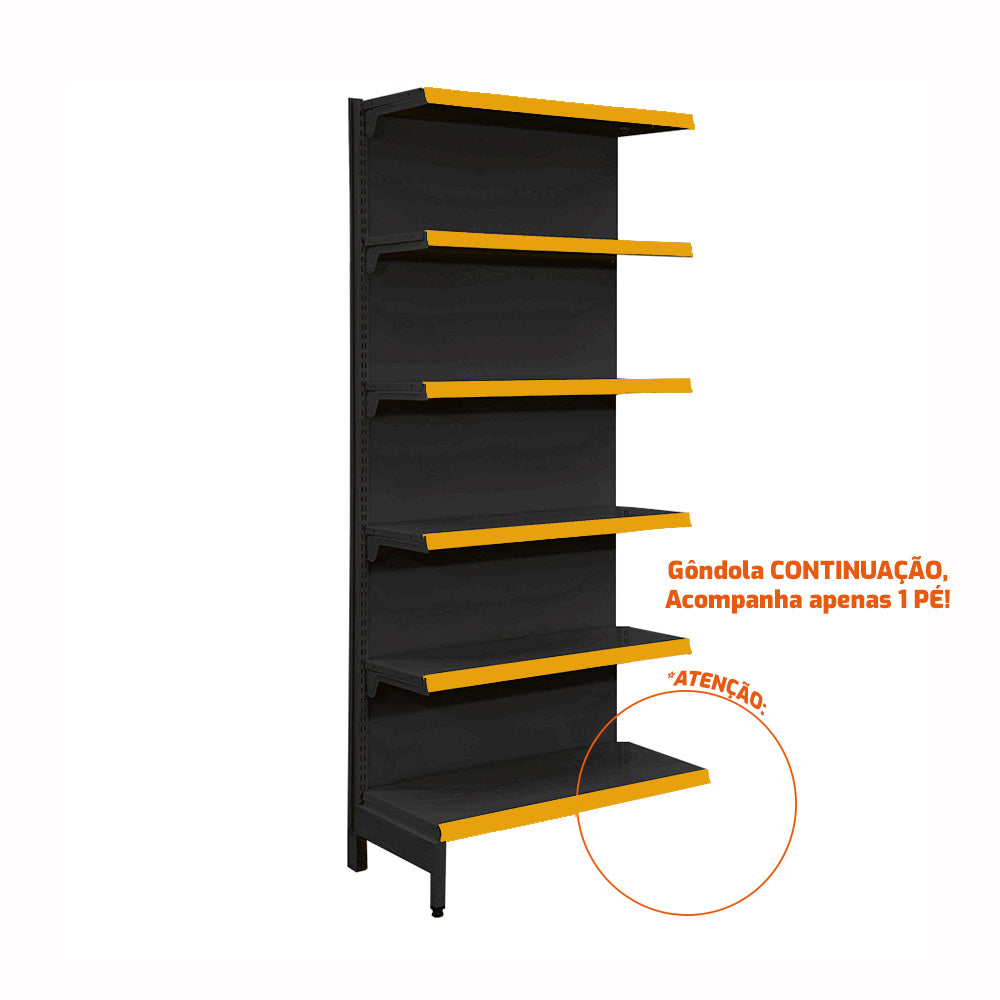 Gôndola Prateleira Preta New Plus 2,00 Parede Continuação GPC - Sa Gôndolas Porta Etiquetas Amarelo